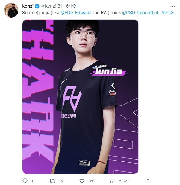 韩媒记者爆料：Junjia将加入PCS赛区PSG战队