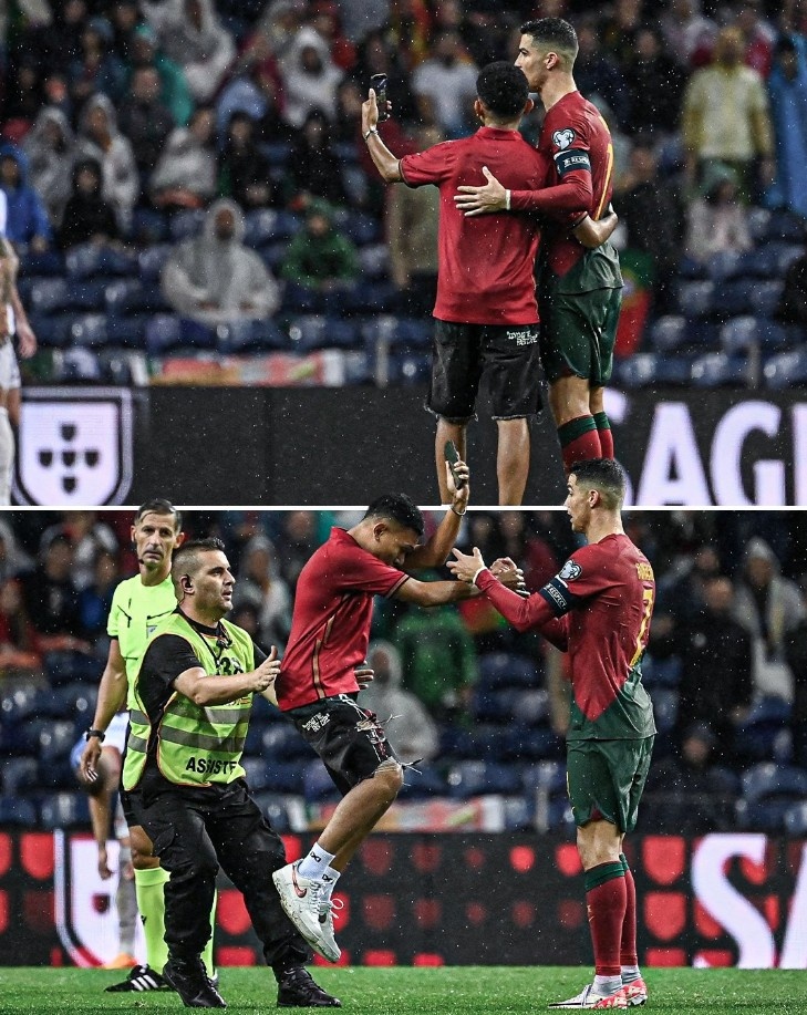 SIU!球迷冲场后和C罗合影并在其面前做SIU庆祝动作