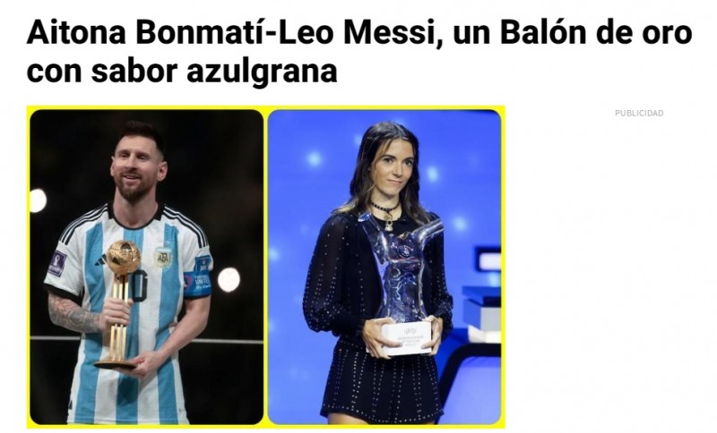 梅西第八座!每体:男子金球奖得主为梅西,女子金球得主邦马蒂
