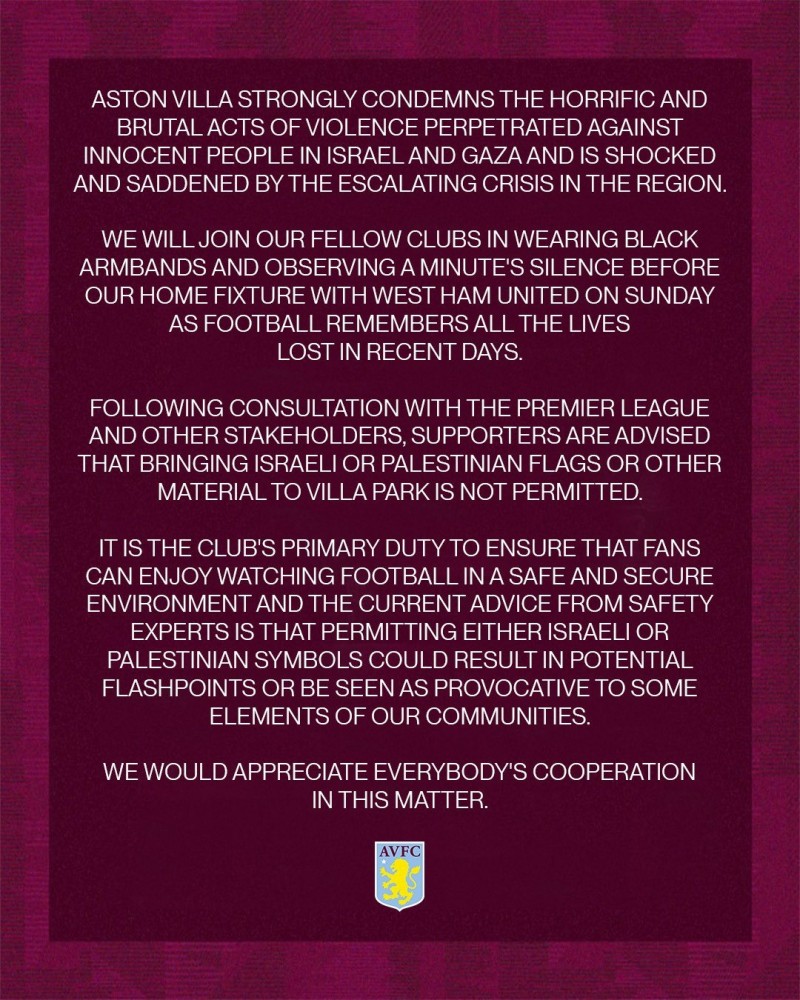 维拉声明:对巴以冲突感到震惊和悲伤,本轮赛前默哀1分钟