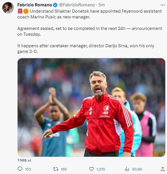 罗马诺：顿涅茨克矿工任命费耶诺德助教普西奇为新主帅，周二官宣