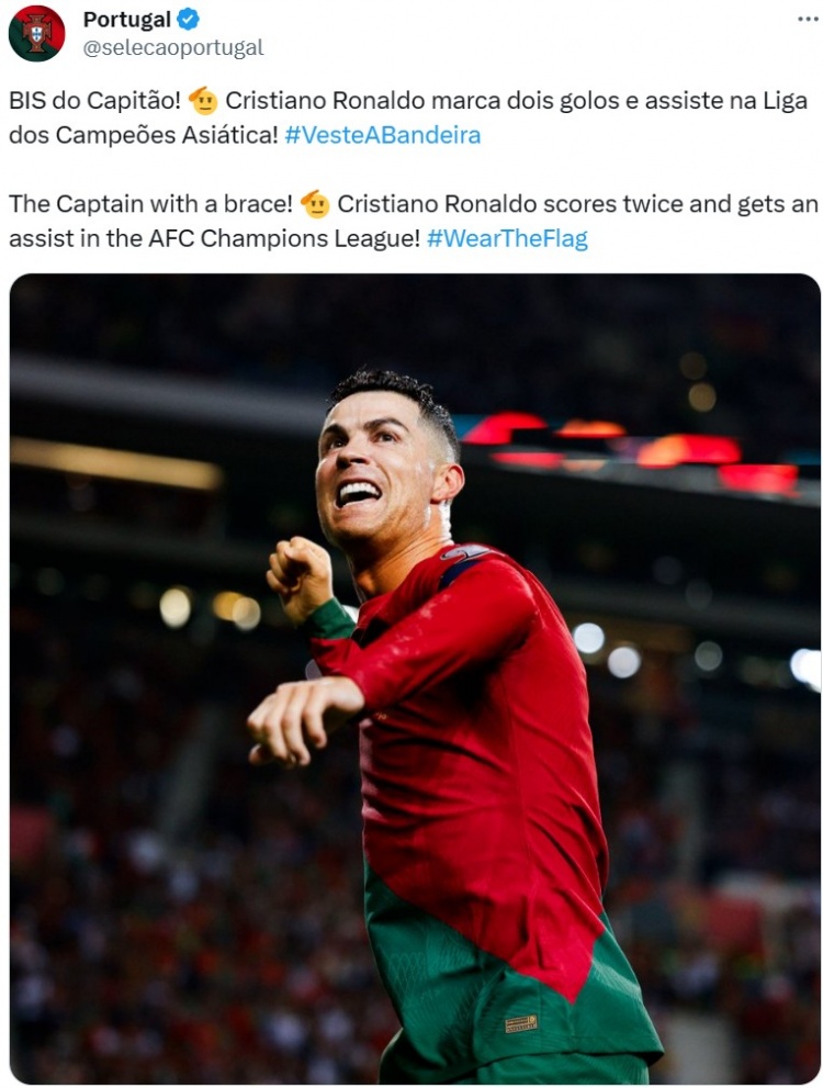 葡萄牙国家队官推晒照称赞C罗表现:我们的队长完成梅开二度!