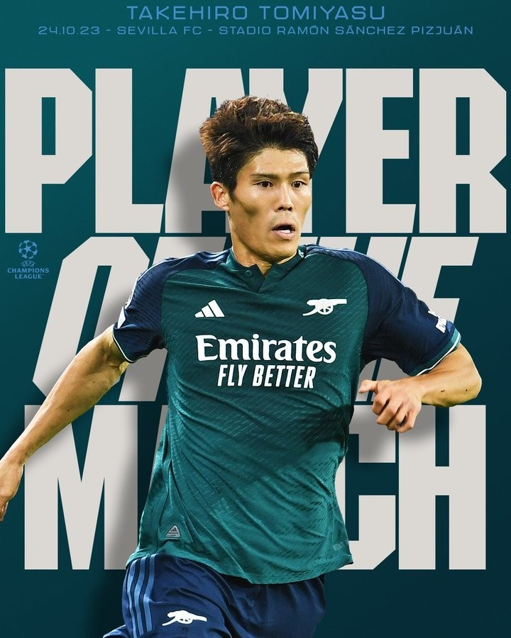 官方:富安健洋当选阿森纳2-1塞维利亚队内最佳