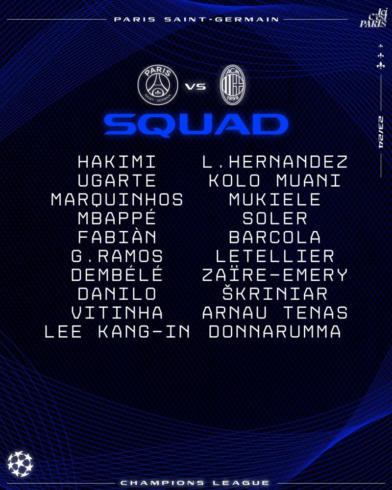 巴黎战米兰大名单：姆巴佩&登贝莱&多纳鲁马领衔 李刚仁&什克在列