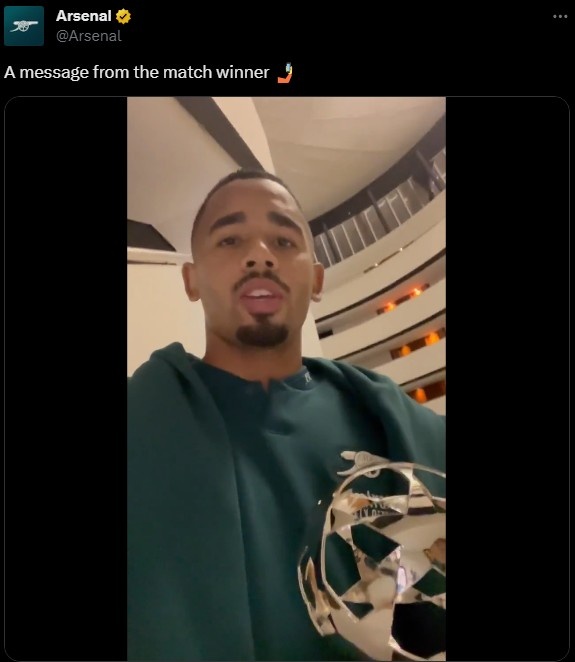 热苏斯社媒问候球迷:感谢枪迷们的支持,让我们继续冲!