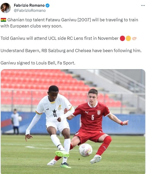 罗马诺:拜仁、切尔西等多家豪门有意加纳16岁小将加尼乌
