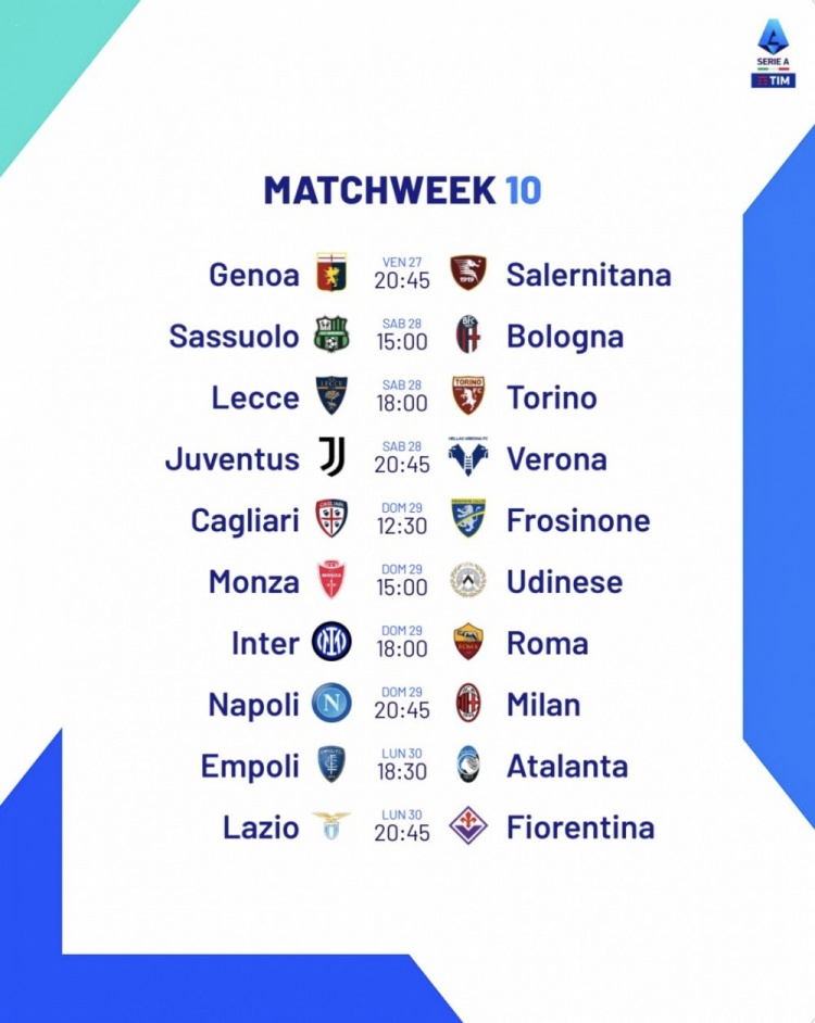 意甲第10轮开球时间：焦点战那不勒斯vs米兰在30日3:45打响