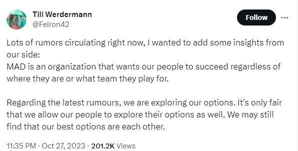 MAD运营总监:MAD将允许队内所有选手和教练离队找下家