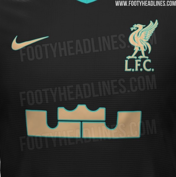 利物浦和勒布朗-詹姆斯联名球衣谍照:黑底金徽+绿松石边框