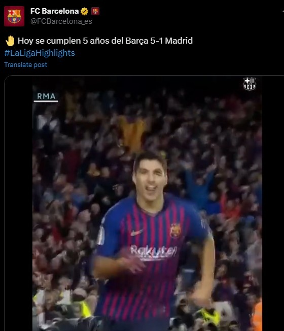 巴萨官推发文:? 今天是巴萨5-1皇马五周年纪念日!