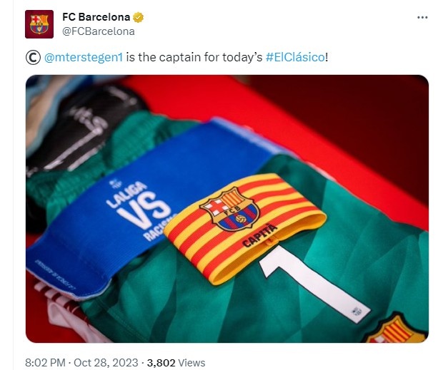 巴萨官方:特尔施特根将担任队长出战同皇马的国家德比战