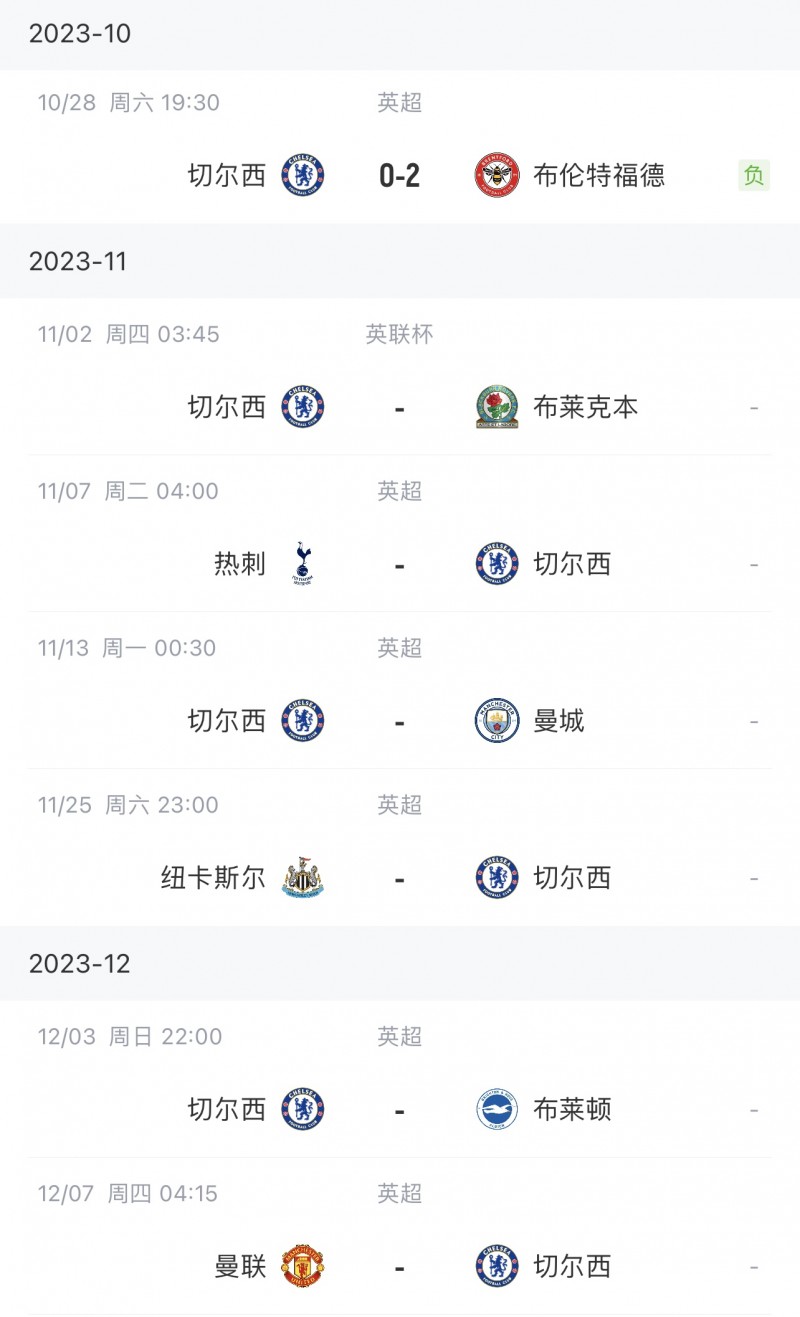 很...蓝的啦?切尔西接下来对手:热刺、曼城、纽卡、布莱顿、曼联