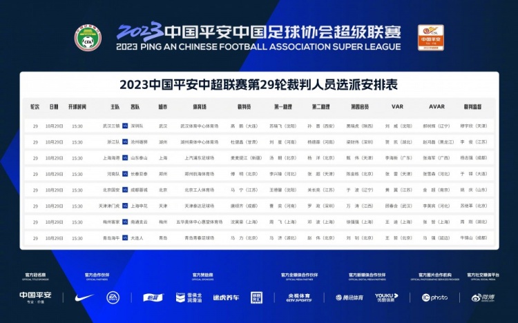 裁判安排：麦麦提江执法海港vs泰山 马宁执法国安vs蓉城
