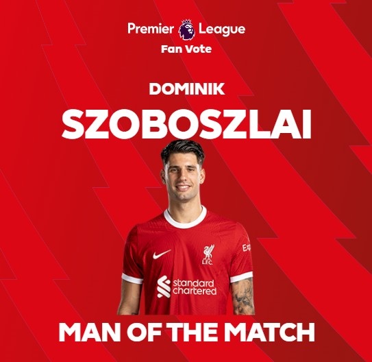 超一半得票率!官方:索博斯洛伊当选利物浦3-0森林全场最佳球员