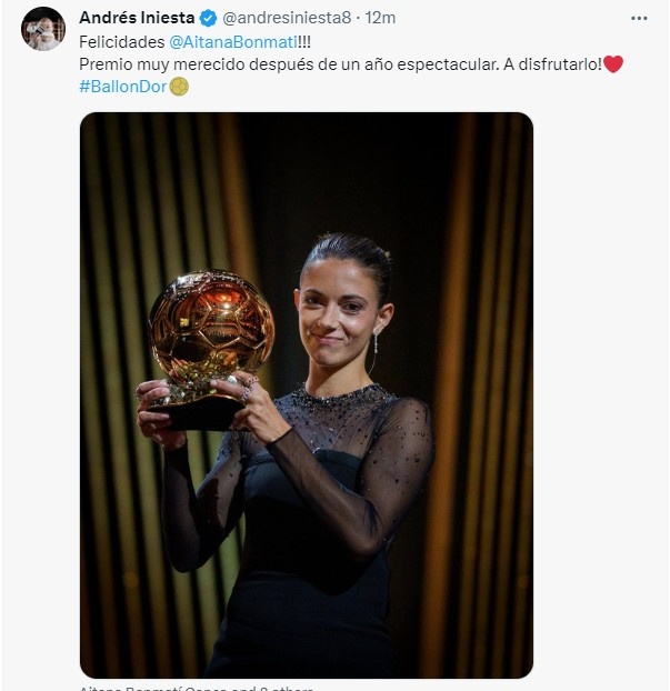 伊涅斯塔:祝贺邦马蒂,这一年表现后你获女足金球奖当之无愧