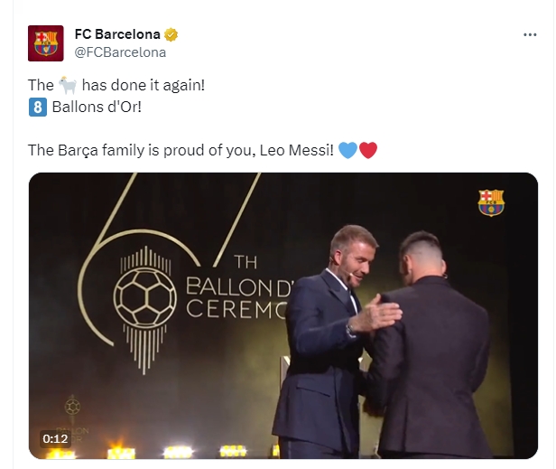 梅西获第8座金球，巴萨官推：?再次做到了，巴萨为你骄傲?❤️