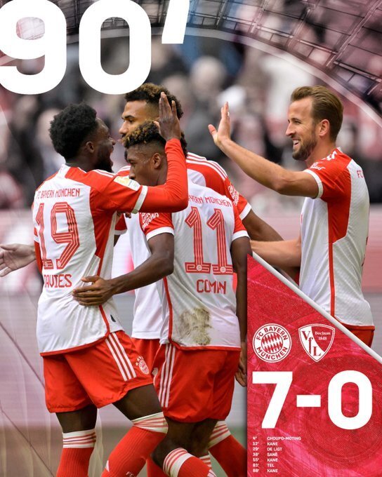德甲-拜仁7-0大胜波鸿登顶榜首,凯恩3球2助萨内特尔破门