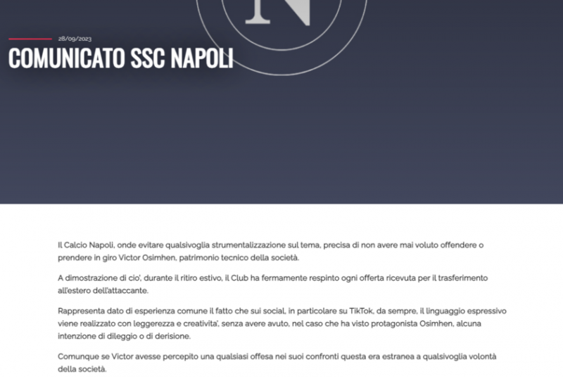 决裂也不道歉!那不勒斯:社媒意味着轻松表达,球队无意冒犯奥斯梅恩