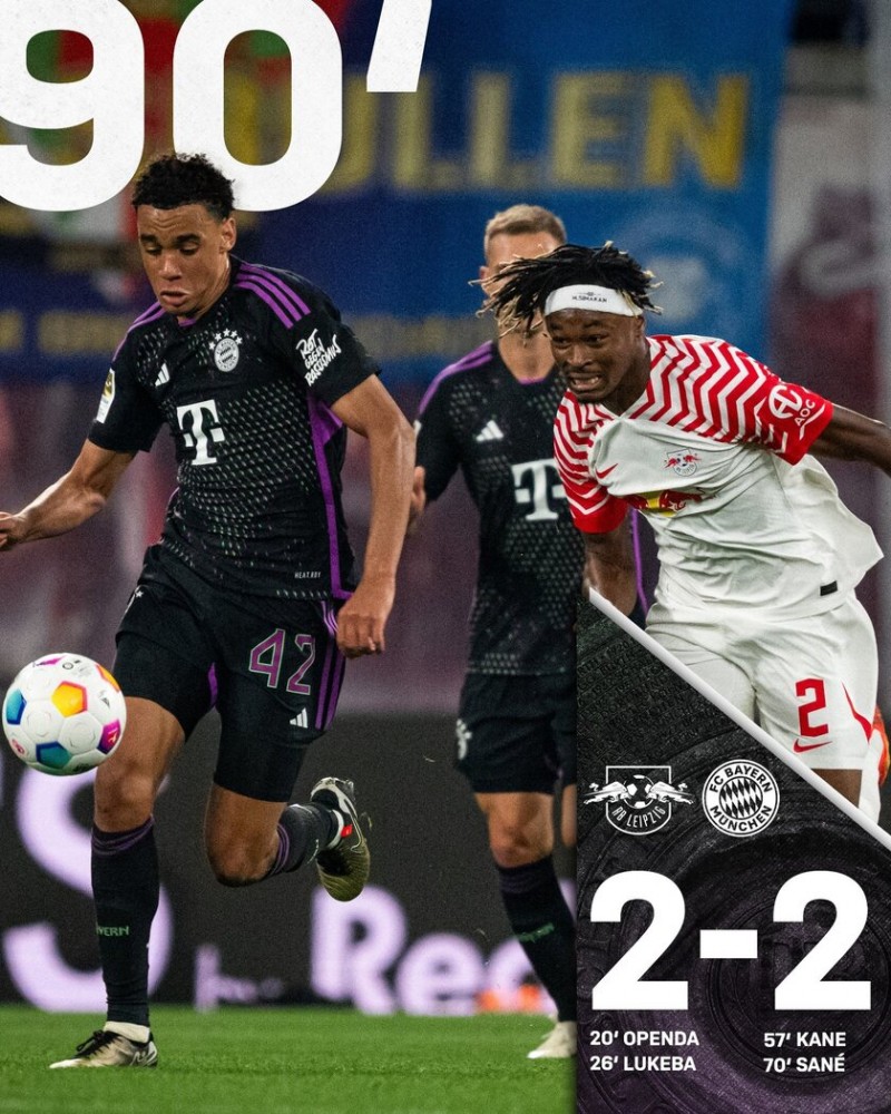 德甲-拜仁2-2莱比锡，凯恩点射&amp;6轮8球萨内破门+造点