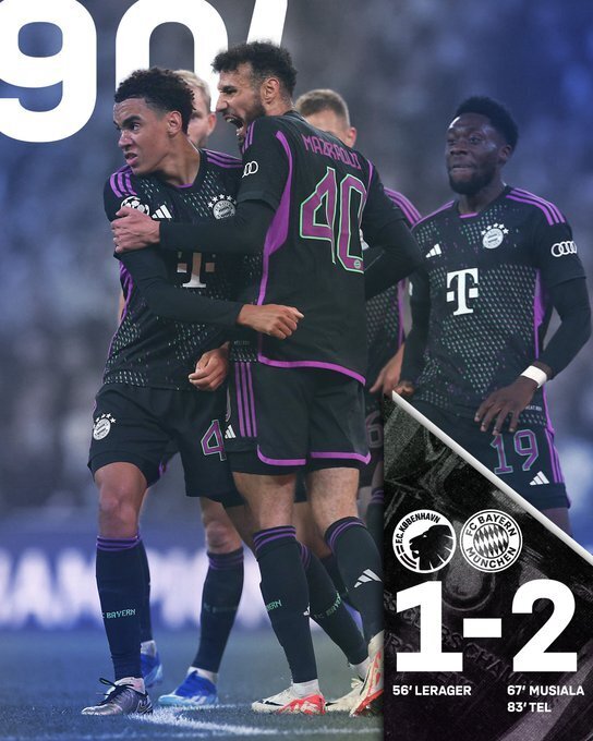 欧冠-拜仁2-1客场逆转哥本哈根，穆西亚拉特尔破门穆勒献助攻