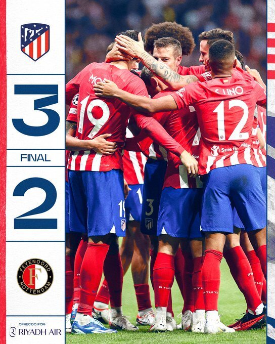 欧冠-马竞两度落后3-2逆转费耶诺德，莫拉塔双响格子精彩倒钩