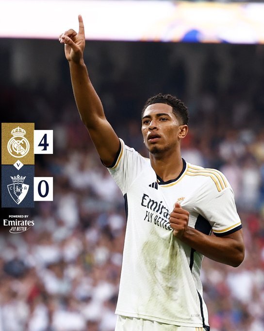 西甲-皇马4-0奥萨苏纳登顶，贝林厄姆双响9轮8球维尼修斯传射