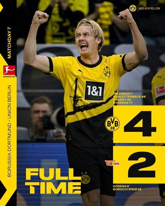 德甲-多特4-2送柏林联7连败,施洛特贝克世界波博努奇处子球