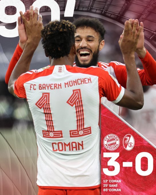 德甲-拜仁3-0弗赖堡排第三距榜首2分，科曼双响+神仙球萨内破门