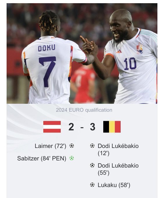 欧预赛-比利时3-2险胜奥地利，卢卡库破门卢克巴基奥双响