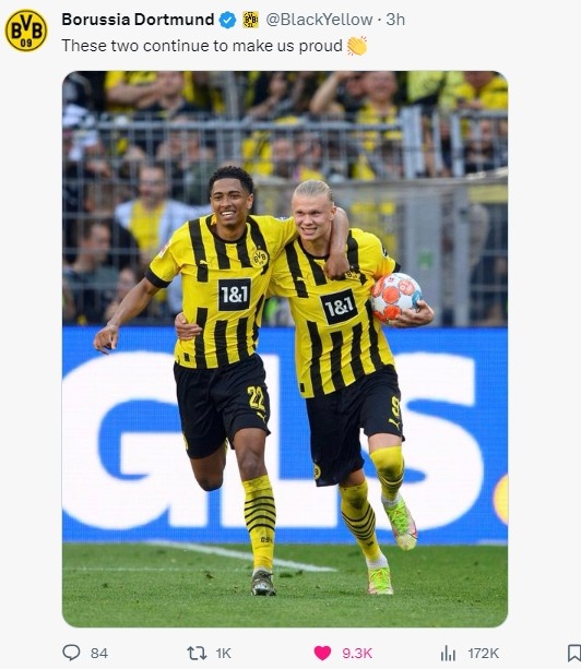 多特官方晒贝林厄姆哈兰德照:科帕奖和金球第2,让我们感到骄傲