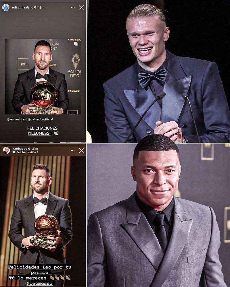 尊重?梅西获金球奖后哈兰德、姆巴佩都在社媒向他表示了祝贺