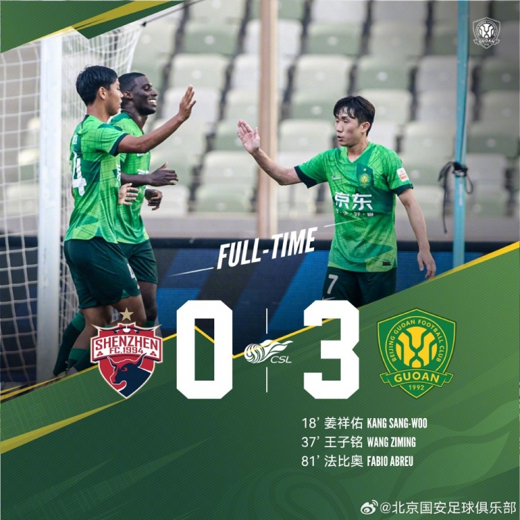北京国安客场3-0战胜深圳队,姜祥佑、王子铭、法比奥进球