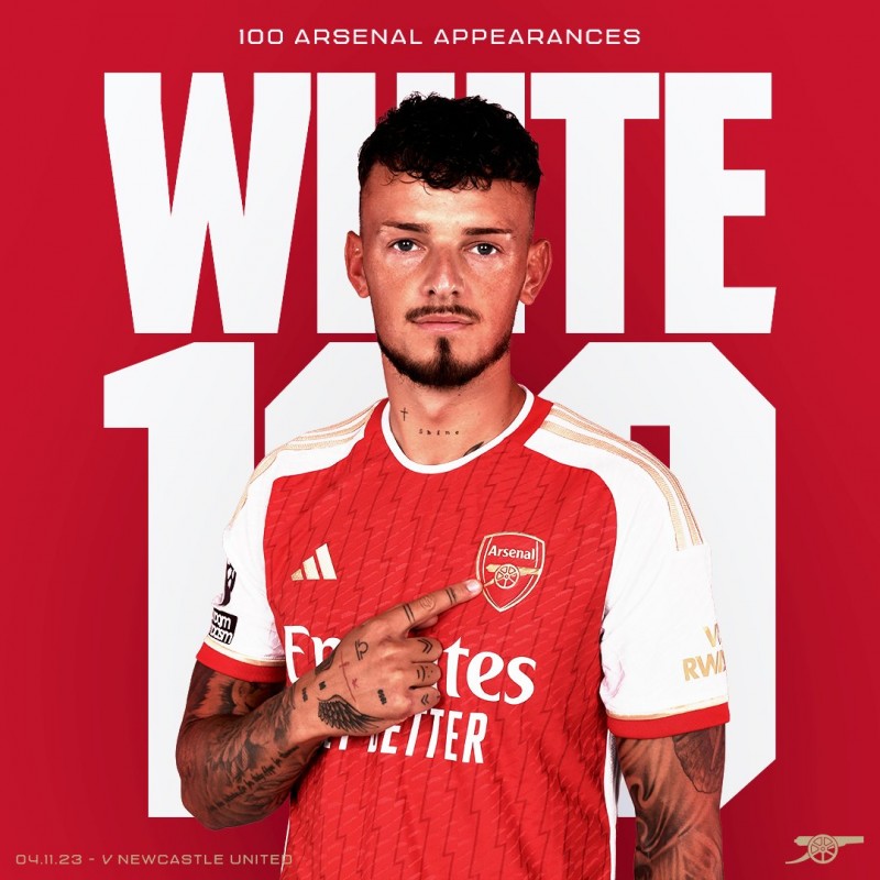 本-怀特和恩凯提亚将迎枪手百场,阿森纳官推发海报进行祝贺