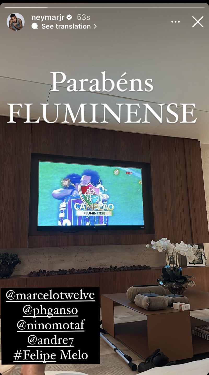 内马尔社媒发文祝贺马塞洛、甘索等人:恭喜弗鲁米嫩塞夺冠!