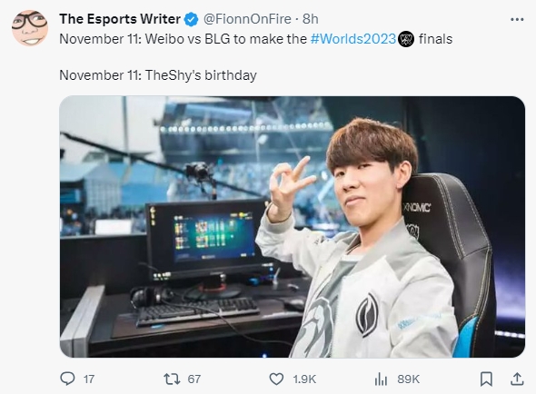 有BUFF加持?外媒发推:11月11日是Theshy的生日 当天将对阵BLG
