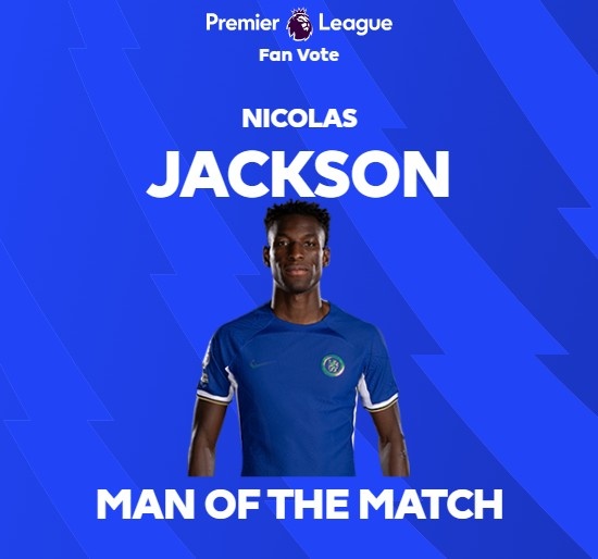 帽子戏法!官方:杰克逊当选热刺1-4切尔西全场最佳球员