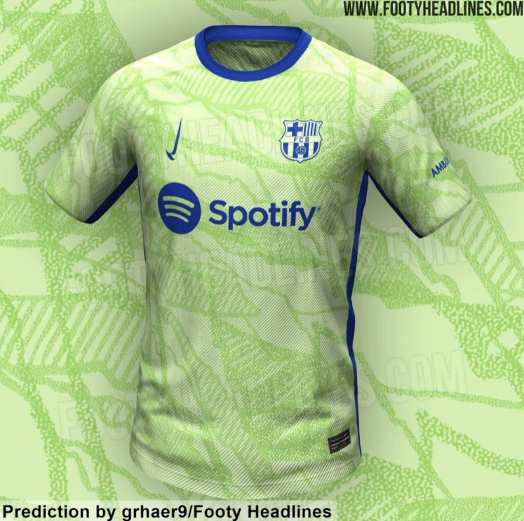 巴萨下赛季第三球衣泄露:主色调为荧光黄,耐克标志朝上