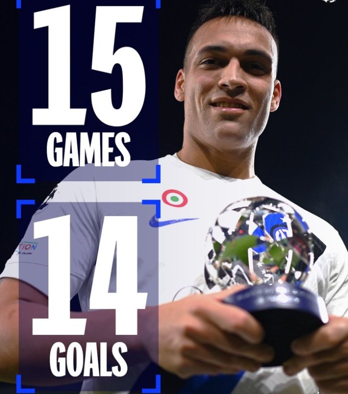 表现引人瞩目!欧冠官推晒劳塔罗个人海报:15场14球