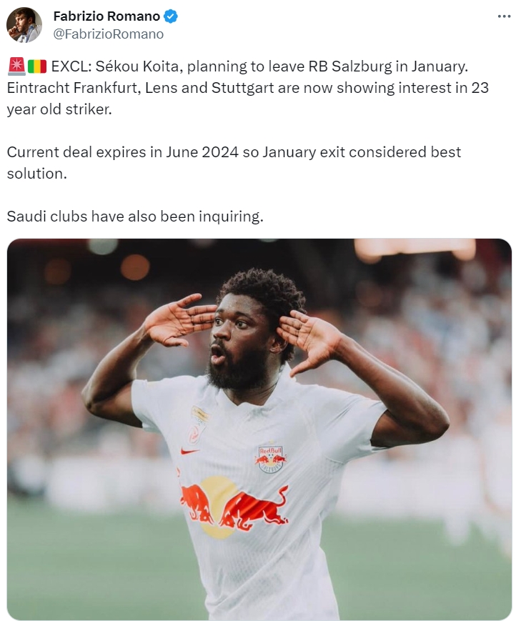 罗马诺:法鹰等队有意萨尔茨堡前锋科伊塔 效力四年90场38球20助