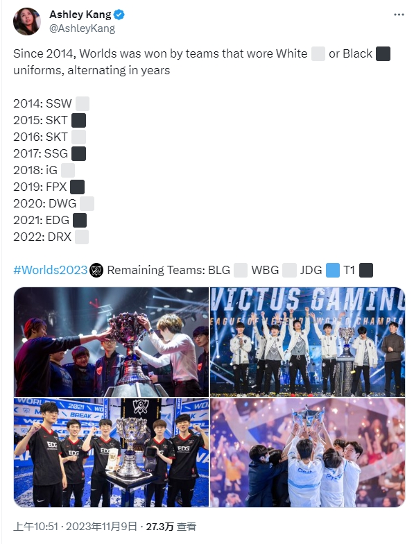 你还玄学上了!韩媒记者:S4以来冠军由穿着白或黑队服的队伍交替赢得