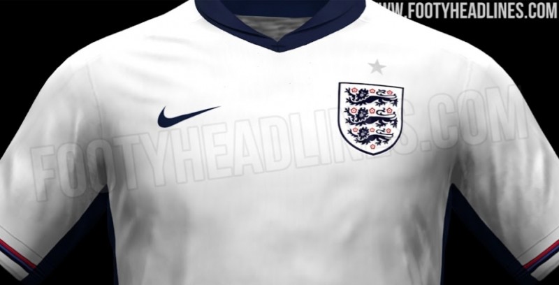 英格兰队2024欧洲杯主场球衣谍照：白色为主色+蓝与红点缀