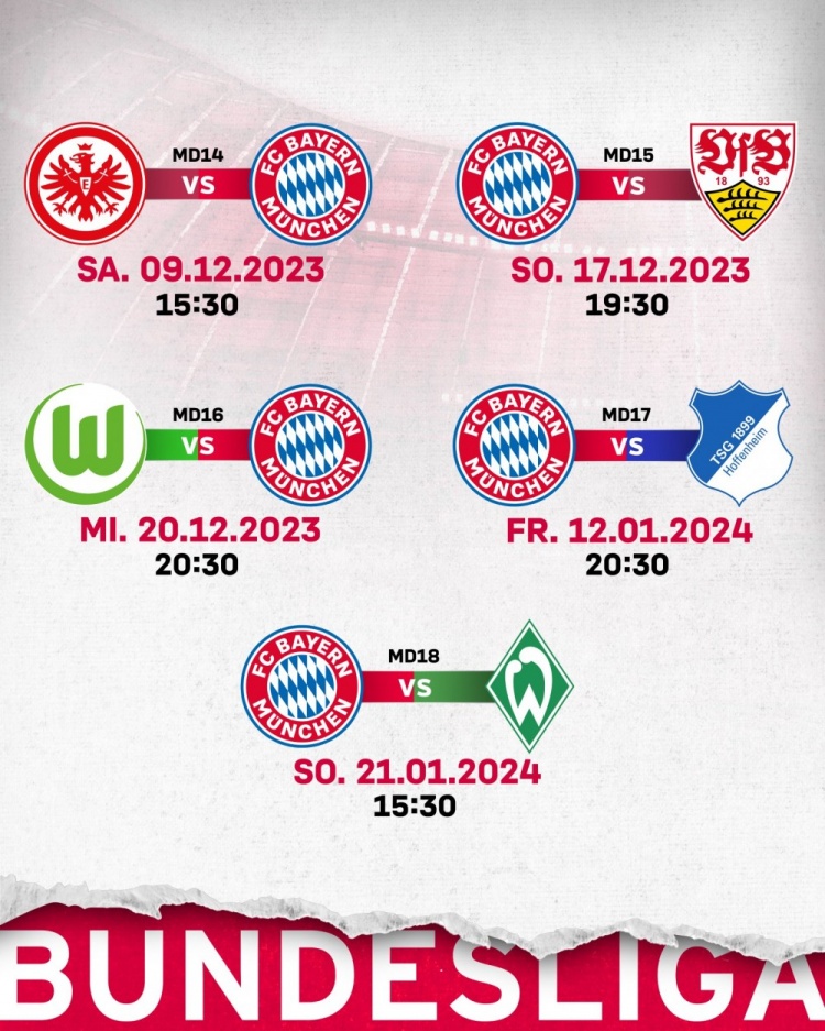 拜仁14-18轮比赛时间:12月18日对阵斯图加特,21日客战狼堡