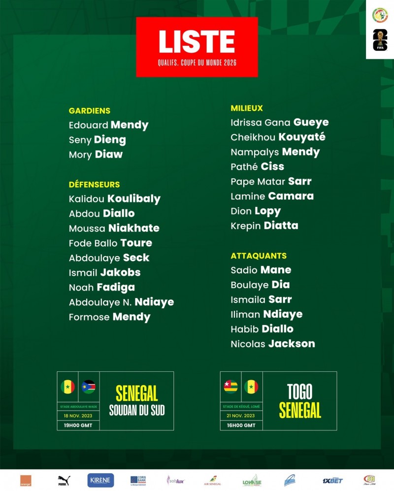 塞内加尔大名单:马内领衔,库利巴利、杰克逊、萨尔在列