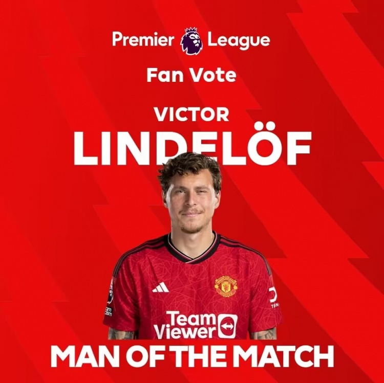 打入制胜球!英超官方:林德洛夫当选曼联vs卢顿全场最佳球员