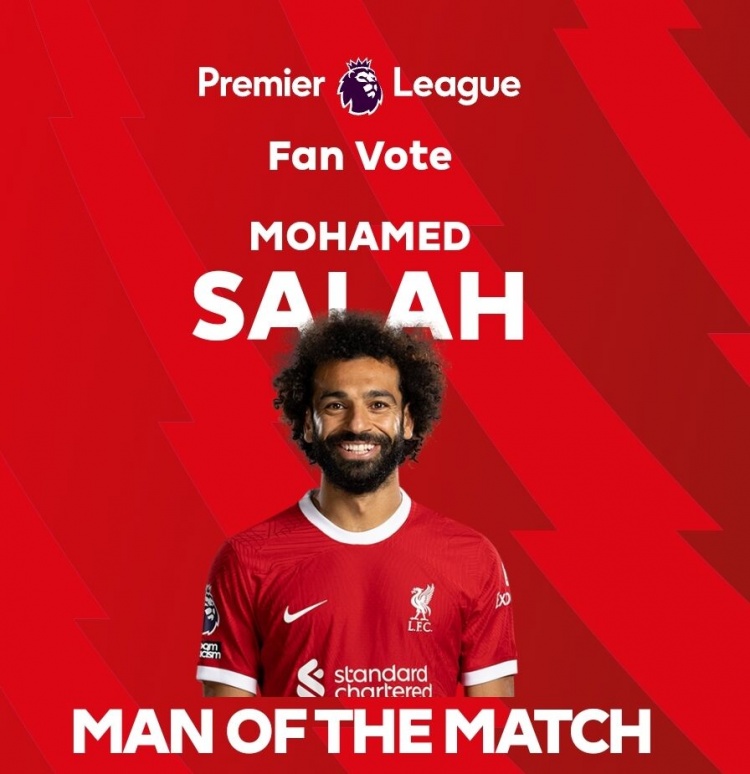 实至名归!英超官方:萨拉赫当选利物浦vs布伦特福德全场最佳