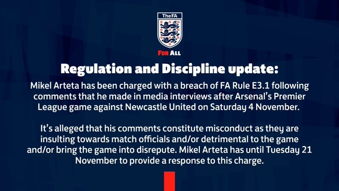 ?官方：阿尔特塔在对纽卡赛后侮辱比赛官员，被英足总指控