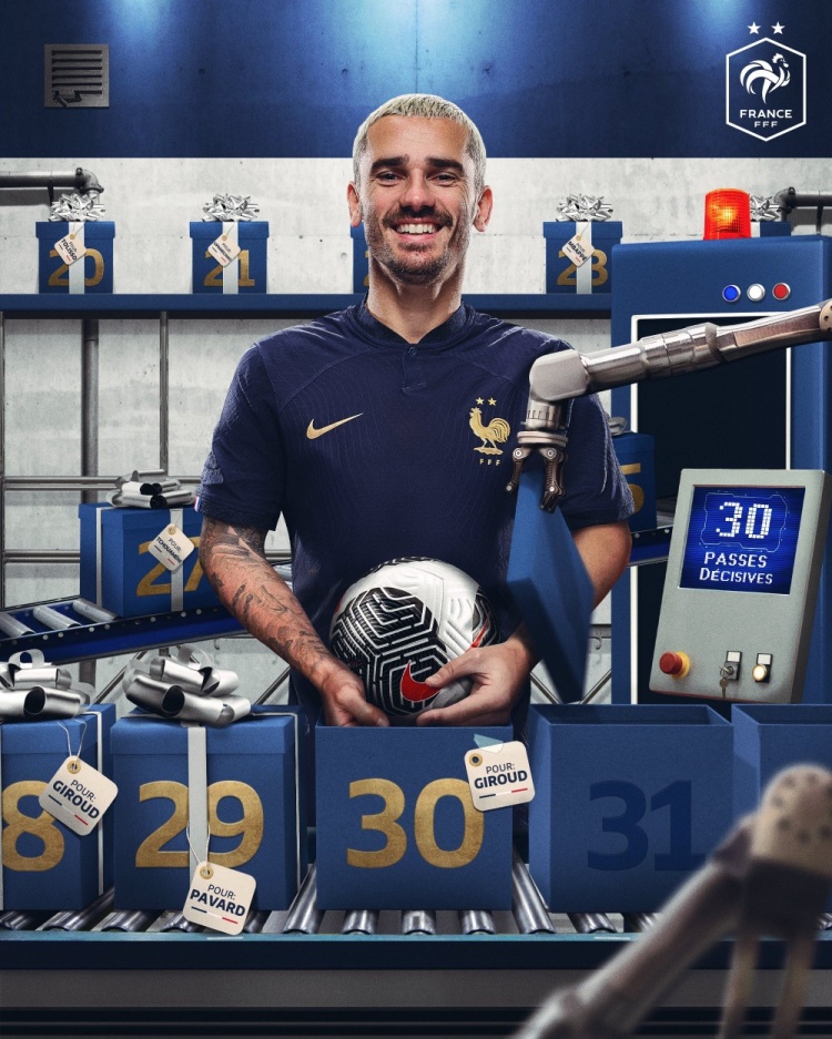 队史助攻第一人！格列兹曼国家队助攻达到30次 登顶队史助攻榜