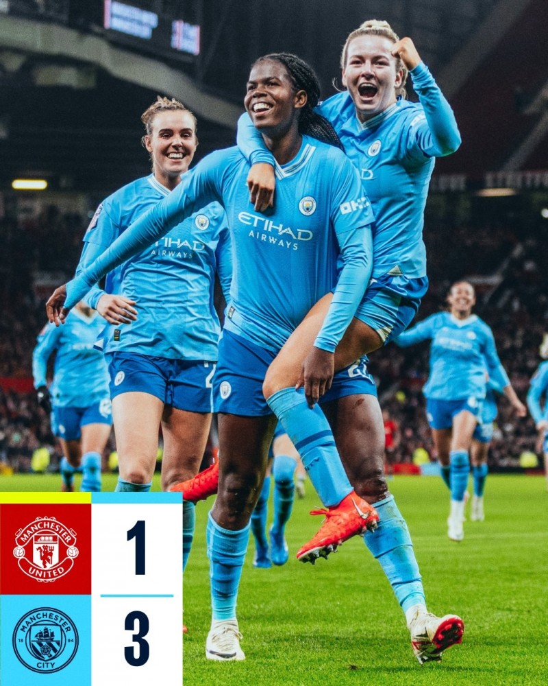 曼城女足社媒庆祝球队客场3-1战胜曼联女足,拿下德比战3分