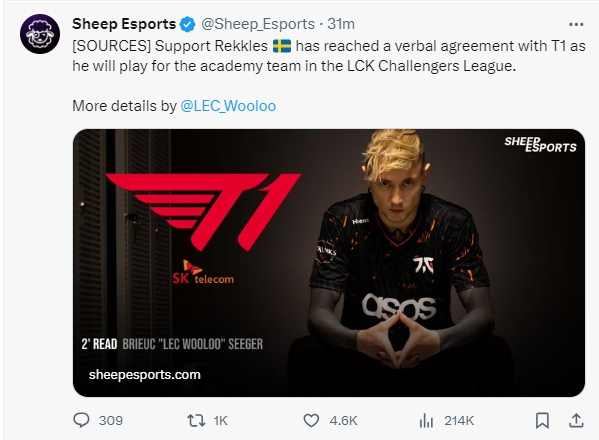 整活？外媒爆料：Rekkles或将加入T1二队担任辅助位置