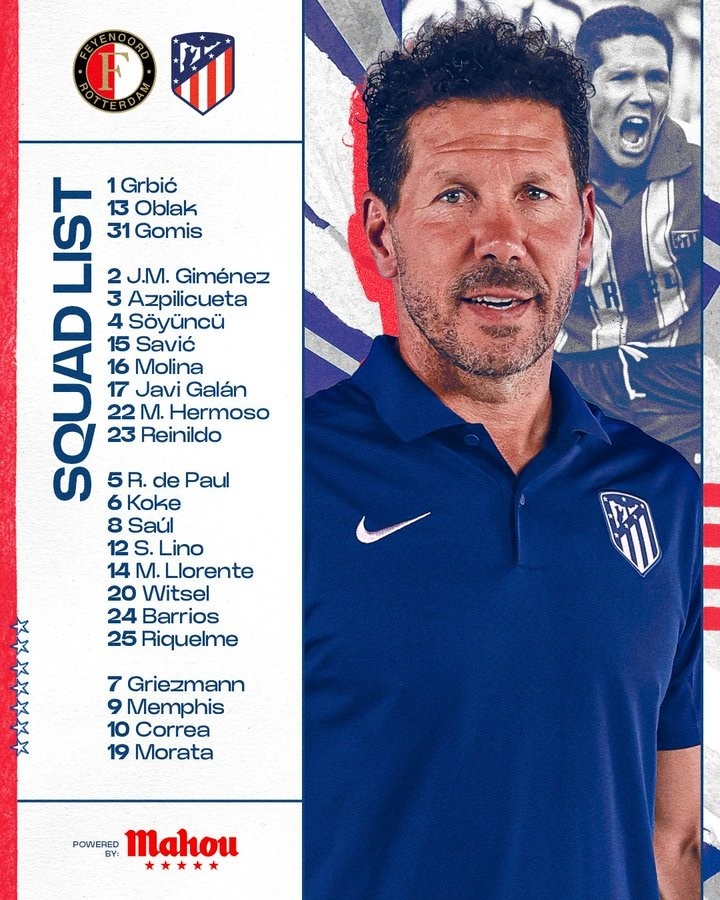 马竞欧冠大名单:格列兹曼、德佩、莫拉塔领衔